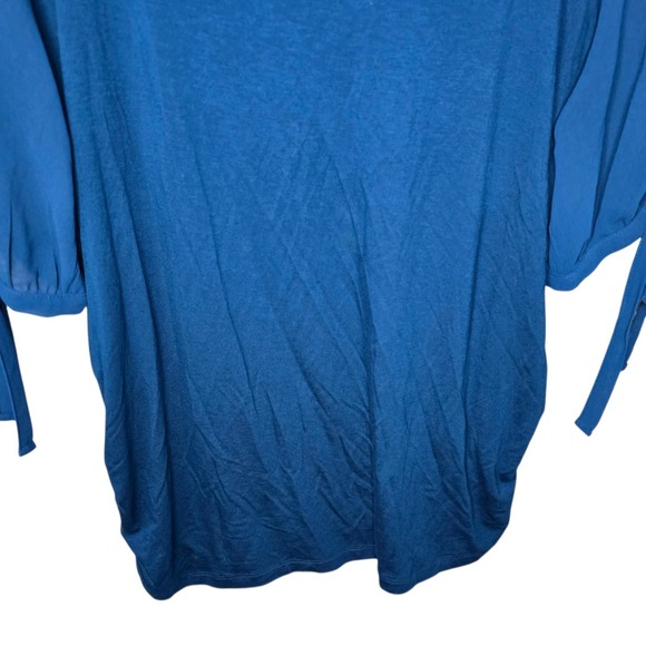 Lane Bryant Top Womens Plus 18/20 Blue Mixed Media Tie Puff Sleeve Blouse Casual - Picture 5 of 7
